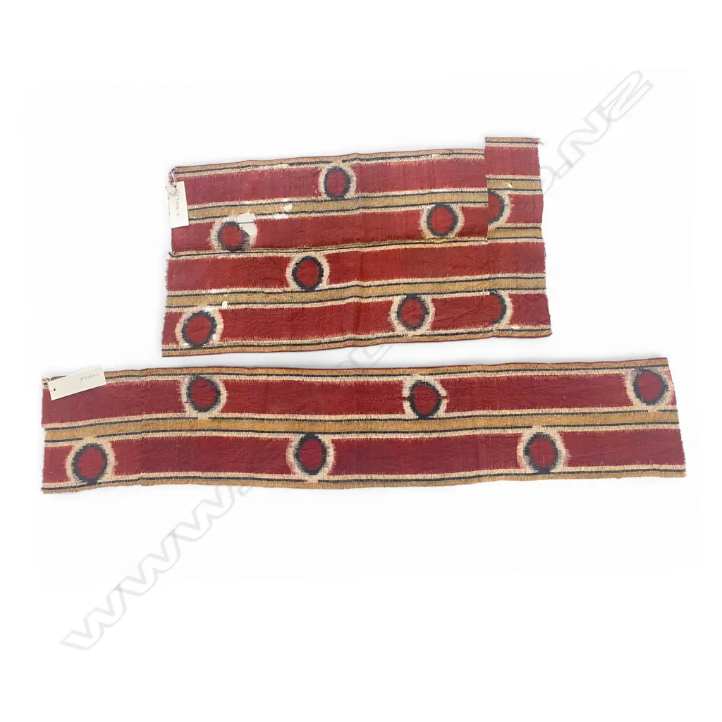 Textile Fragments – silk, - ikat woven - Uzbek - red band bordered with green fibrilated black with red dot. 97 x 18cm Image 1++